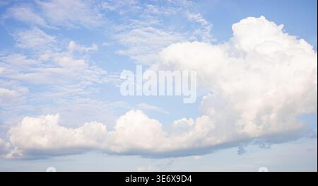 Fluffy white clouds float in a clear blue sky, illuminated by soft sunlight, creating a serene atmosphere. The clouds vary in shape and size, enhancin Stock Photo