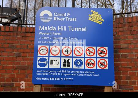 Warning sign for Maida Hill Tunnel Regents Canal London UK  March 2026 Stock Photo