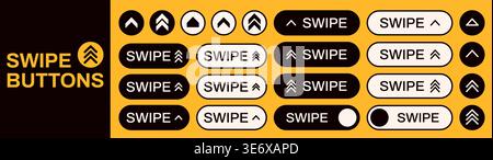 Pack of swipe up buttons drawn in different shapes in black and white color on yellow background. Stock Vector