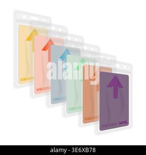 Clear plastic card holders with colored hotel keycards inside. Vertical vinyl badge sleeve envelope with zip lock and hanging slot, vector template Stock Vector