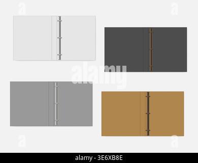 3 ring binder, realistic mock up. Set of white, gray, black, orange colors. Open folders, vector template. Stock Vector