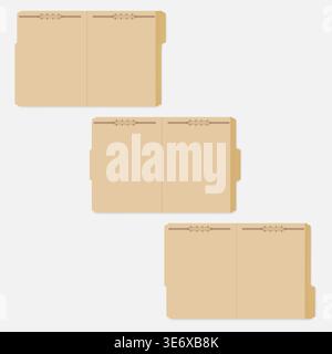 Set of opened variously tabbed kraft file folders with fastener to keep paper sheets, vector mockup Stock Vector
