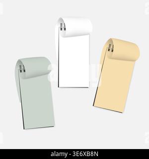 Spiral blank notebook with page curl - white and colored paper sheets, realistic vector mockup. Open wire bound notepads, template. Mock-up Stock Vector