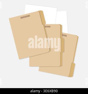 Closed variously tabbed file folders with interior fastener to keep documents and white paper sheets, letter size. Vector mock-up Stock Vector