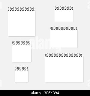 White paper sheet with spiral, vector mock-up set. Horizontal A4, A5, A6 and square. Blank ring bound calendar, realistic mockup Stock Vector