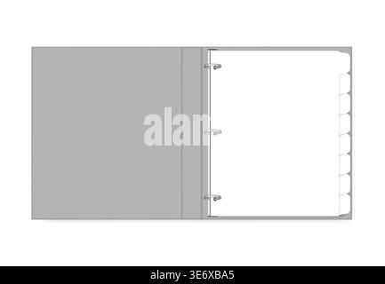 3 ring binder filled with hole punched white paper with tab dividers letter size, mockup. Open refillable blank notebook, vector template Stock Vector