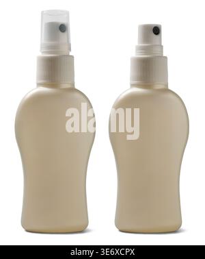 blank plastic spray bottles isolated white background, mock-up template of white pump sprayers and clear protective cap, side view Stock Photo