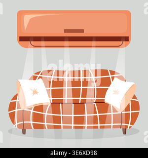 Illustration of a modern living room featuring a stylish orange sofa with decorative pillows and an air conditioning unit mounted above, showcasing a Stock Vector