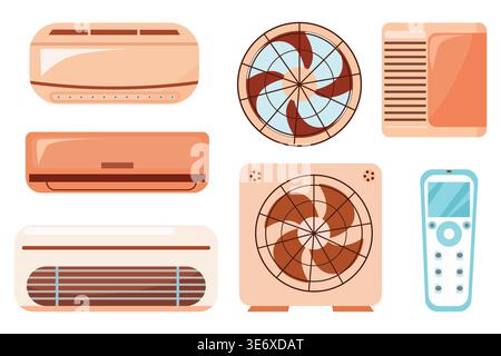 Collection of air conditioning units and remote controls in a flat design style, showcasing various models and components for climate control systems Stock Vector