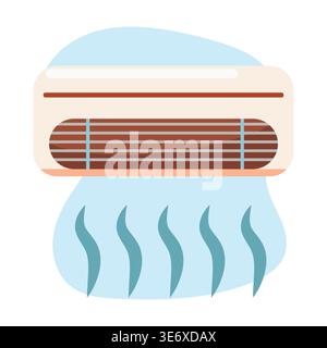 Air conditioning unit illustration with cool air flow depicted by wavy lines, set against a light blue background, representing climate control and Stock Vector