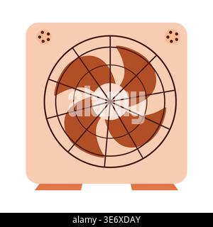 Illustration of a vintage square exhaust fan with a circular grille and four blades, featuring a light peach background and brown accents, designed Stock Vector