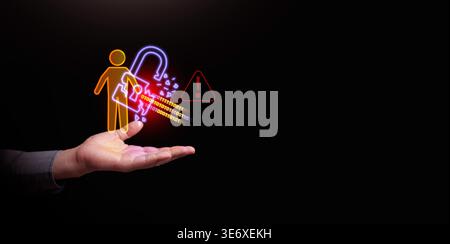 Personal data breach and cybersecurity concept. Broken padlock protecting human figure is attacked, held by a man. Identity theft protection, web scam Stock Photo