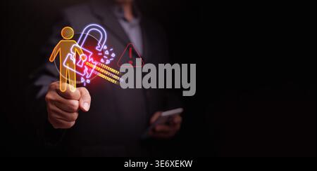 Personal data breach and cybersecurity concept. Broken padlock protecting human figure is attacked, held by a businessman. Identity theft protection, Stock Photo