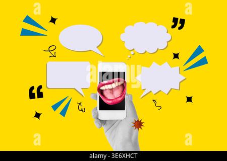 A collage of woman holding a smartphone with a open mouth on the screen and two blank speech bubble on a yellow background Stock Photo