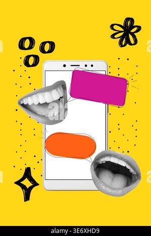 A collage of a smartphone, two woman mouth with two blank colored speech bubbles on a yellow background Stock Photo