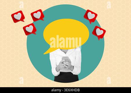 Collage of a woman holding a smartphone and a yellow speech bubble in the head on an blue circle with hearts and love icons on a pink background Stock Photo