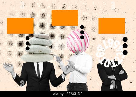 Collage of three businessman with stones, a candy and numbers in the head in different attitudes on a pink background with black dots Stock Photo