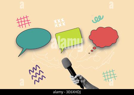 Collage of a woman hand holding a microphone and blank colored speech bubbles on a pink background with lines Stock Photo