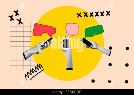 Collage of women hands holding smartphones and three colored speech bubbles on a yellow circle on a pink background Stock Photo
