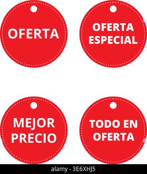 Red oferta mejor precio round labels isolated on a white background (trad offer, sale, best price) Stock Vector