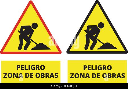 Peligro zona de obras yellow signs isolated on a white background (trad. danger men at work) Stock Vector