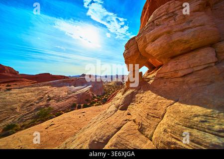 Sandstone Arch Sunlit Red Rock Valley Seven Wonders Trail Desert Landscape Stock Photo