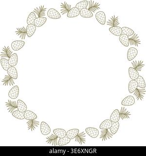 Pine Cone Wreath. Circular Frame with Line Art Pine Cones And Coniferous needle Branches. Botanical Round Border with Empty Copy Space. Line drawing, Stock Vector