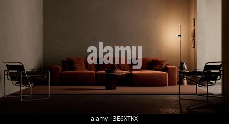 Warm and cozy living room with dark moody atmosphere, featuring modern furniture and soft lighting for comfortable interior design and lifestyle home Stock Photo