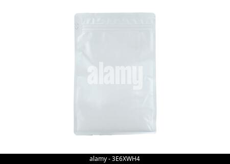White matte blank stand up zip lock pouch bag with zipper closure, isolated on white background. Packaging mockup concept for food, coffee, tea or sup Stock Photo