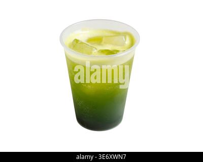 green iced fruit drink with ice cubes in clear plastic takeaway cup, isolated on white background. Cold refreshing beverage concept, studio drink Stock Photo