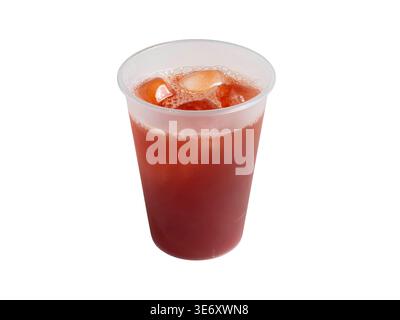 Red iced fruit drink with ice cubes in clear plastic takeaway cup, isolated on white background. Cold refreshing beverage concept, studio drink photog Stock Photo