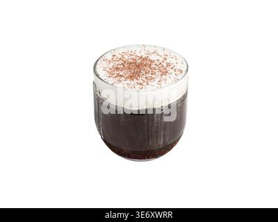Dark hot chocolate with whipped cream and chocolate shavings in embossed glass cup isolated on white background Stock Photo