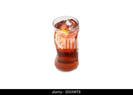 Iced tea with lemon slice and ice cubes in curved wavy glass isolated on white background Stock Photo