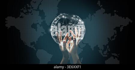 Collage of Hands Holding a Digital Globe With Global Data Connections in a Dark Setting Stock Photo