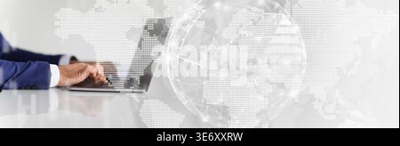 Collage of Hands Typing on Laptop With Digital World Map Background and Network Connections Stock Photo