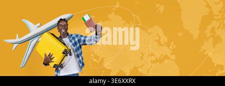 Man Holds Suitcase and Passport in Front of World Map With Airplane Model in Hand Stock Photo