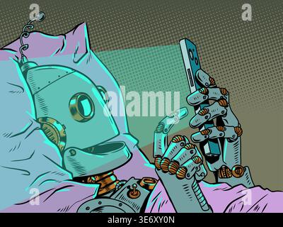 Pop Art Retro A robot in bed staring at a phone screen. The issue of personal data and information security. Selecting recommendations for users and Stock Vector