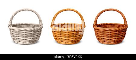 Set of wicker baskets in natural wood tones Stock Vector