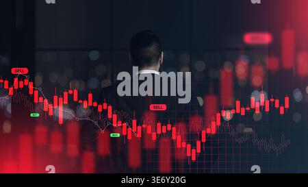 Stock Market Analysis Shows Trends and Signals During a Trading Session at Night Stock Photo