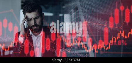 Business Person Looks Worried While Analyzing Stock Market Trends and Data Charts in Office Stock Photo