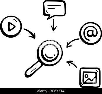 Multimedia Content Search and Data Analytics Icon. Magnifying Glass with Media Symbols for Social Media Monitoring Stock Vector