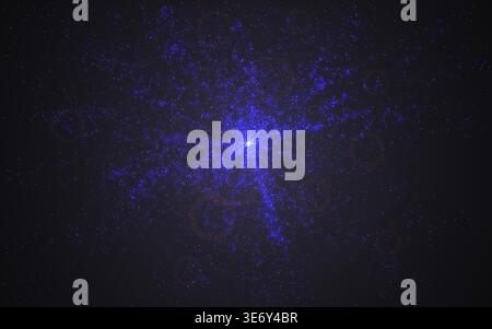 Abstract glowing particles explosion on dark background. Blue light burst with sparkles. Futuristic energy star with cosmic dust effect. Dynamic glow Stock Vector