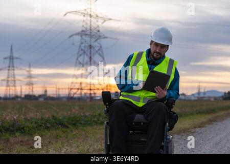 Engineer in a wheelchair uses a laptop to check high-voltage lines at dusk in an outdoor area, promoting inclusivity in the energy sector. Stock Photo