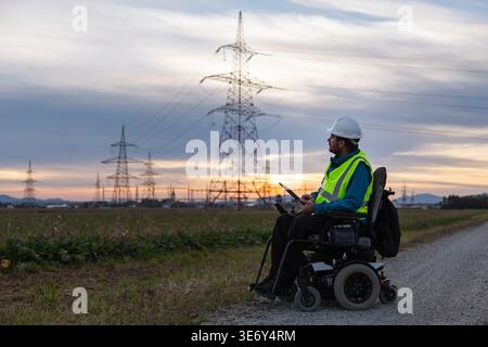 Engineer in wheelchair with disability works outdoors using laptop to monitor high-voltage power lines at sunset. Stock Photo