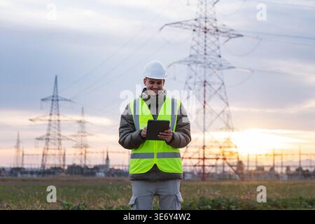 Young male electrical engineer uses a tablet to inspect high voltage lines in an outdoor area during the evening. Stock Photo
