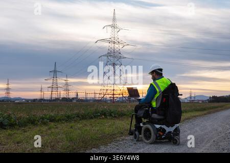 A male engineer in a wheelchair uses a laptop to monitor high-voltage lines during sunset. He works in the energy sector. Stock Photo
