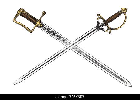 Crossed blades as pirate symbol. Swords in traditional ink hand drawn style. Stock Vector