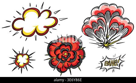 Hand drawn collection of a comic bangs, bursts and explosions in 50s 60s style. Traditional inking illustration. Stock Vector