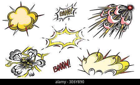 Hand drawn collection of a comic bangs, bursts and explosions in 50s 60s style. Traditional inking illustration. Stock Vector
