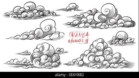 Manga or anime style clouds. Linear hand drawn illustration in traditional ink style. Stock Vector